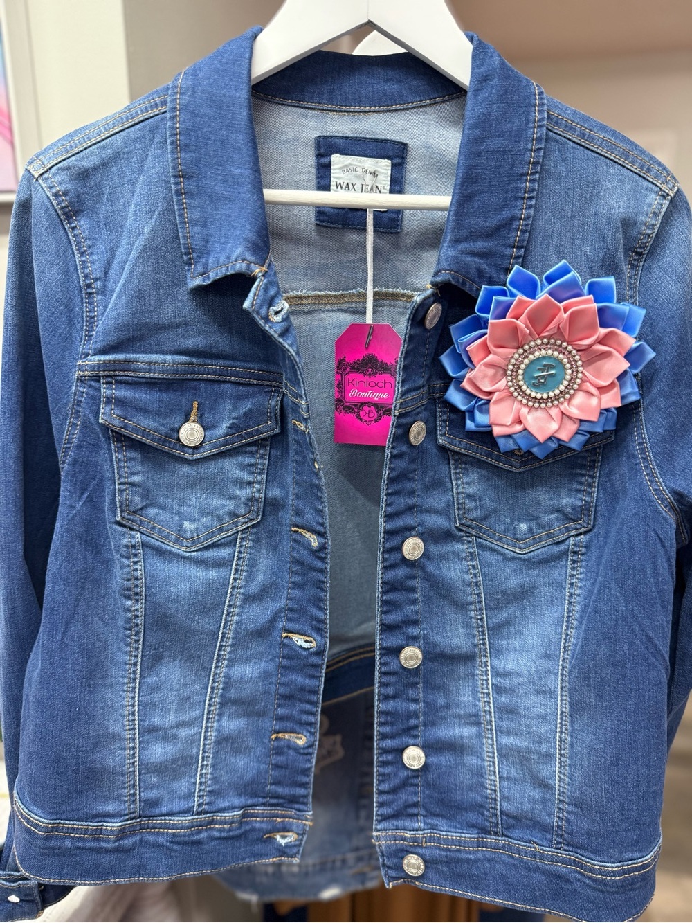 New Blue Denim Jacket with Pink-Blue Flower Accent